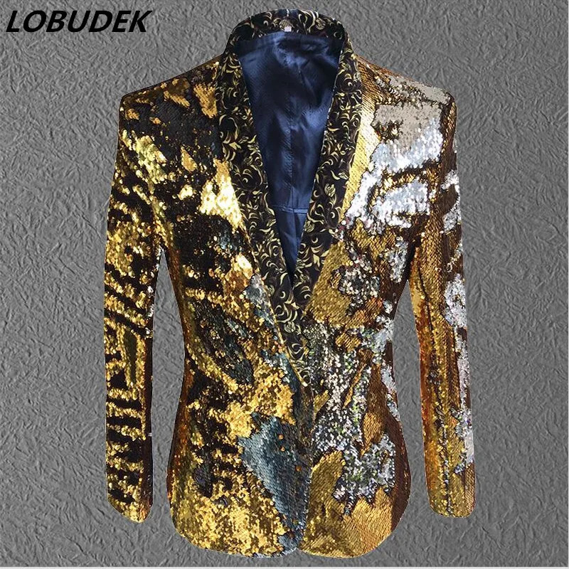 Glitter Gold Sequins Suit Jackets Men Singer Stage Performance Formal Blazers Show Nightclub Party Fashion Tuxedo Costume 250304