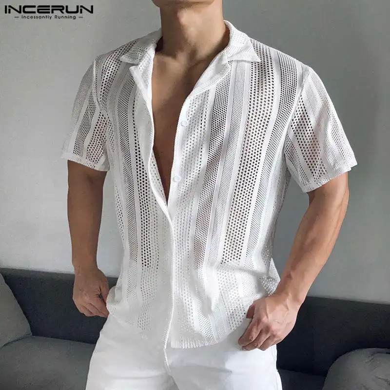 INCERUN Mens Shirt Mesh Transparent Lapel Short Sleeve Summer Camisas Streetwear Hollow Out Fashion Casual Shirts S-5XL 250304