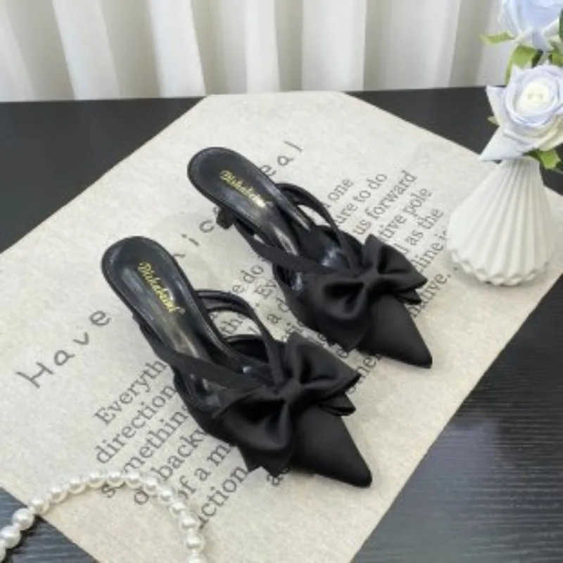 Fairy Style Cool Slippers for Wens Summer 2024 French Pointed Bow Hollow High H Half Wrapped Wens Slippers Z250304