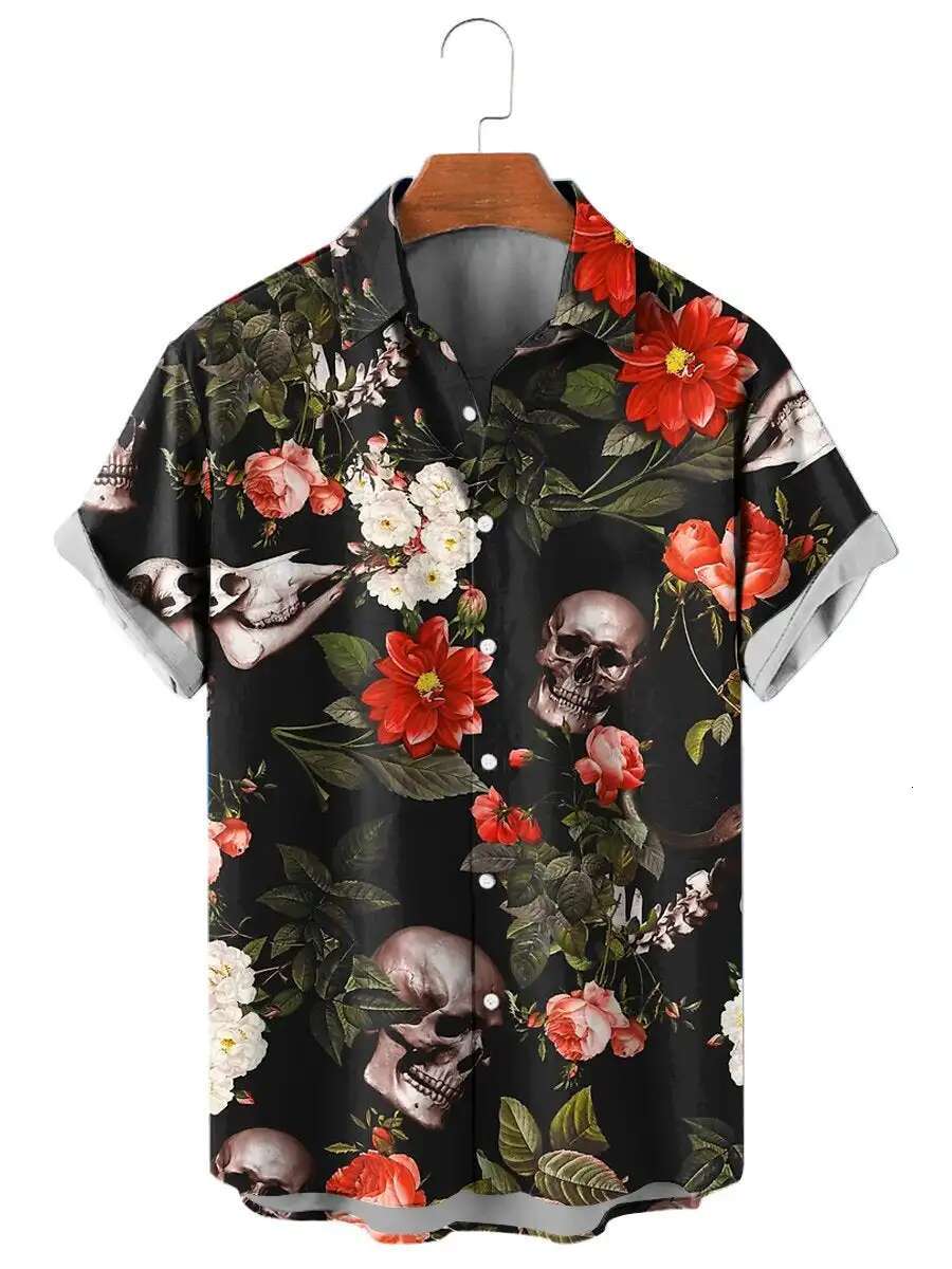 Men's Fun Skeleton 3D Personalized Printed Street Wear Designer Short Sleeve T-shirt Hawaiian Shirt Printed Collar Breathable Shirt Men's Be