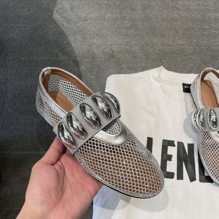 Sheepskin Edition~Spring/Summer New Flat Ballet Mesh One Word Metal Buckle Hollow Mary Jane Single Shoes