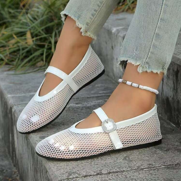 Large size rhinestone buckle hollow ballet flat bottom fashion spring and autumn summer round toe single shoe
