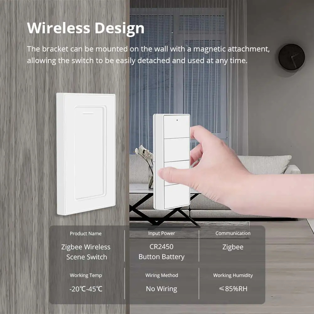 Zemismart 4-Gang Zigbee Wireless Scene SwitchBattery Powered Compatible with Tuya Home Assistant Homey Hubitat Hub Required 250303