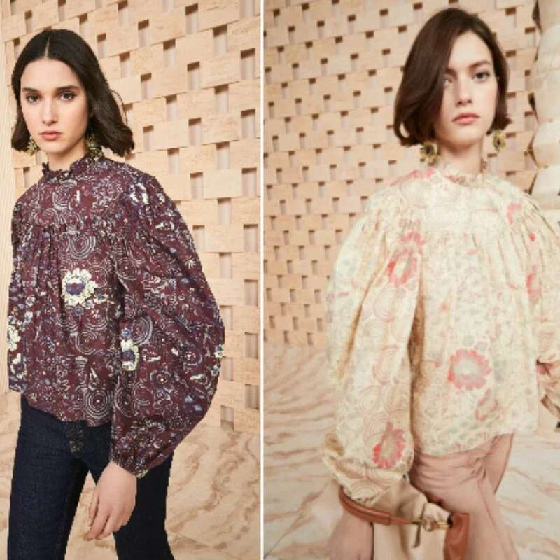 2025 Autumn New Women Artistic Oil Painting Printing Big Lantern Sleeve Round Neck Blouse Shirring Long-Sleeved Shirt