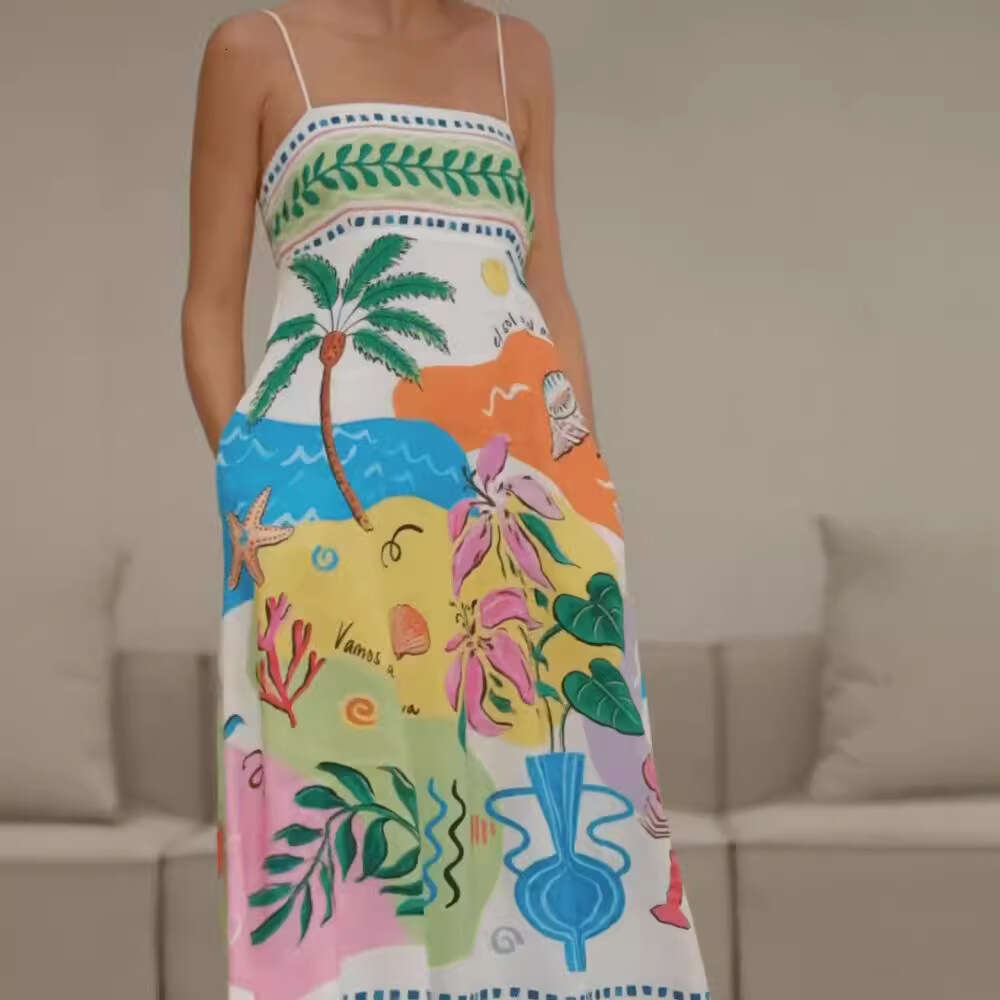 European and American Summer Women's Sexy Positioning Printed Strap Sleeveless Swing Dress 2025 New Casual Fashion Trendy Clothing