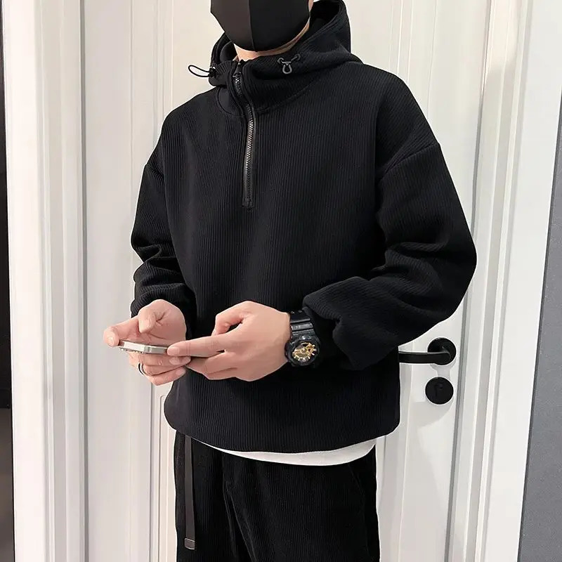 Mens Trendy Simple Casual Half Zipper Hooded Sweatshirt Autumn Winter Black Gray Long Sleeve Loose Pullover Hoodie Clothing 250304