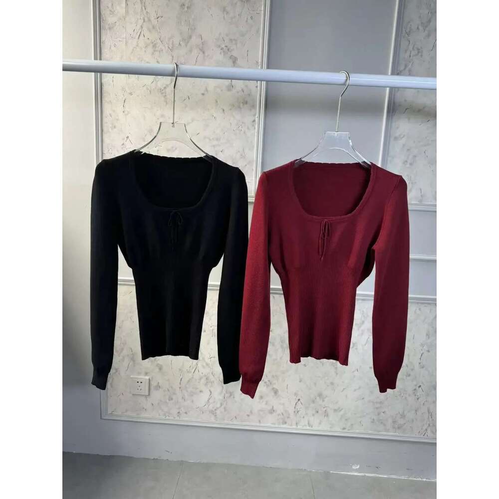 Women 2025 Autumn And Winter New Elastic Thread Waist Knitted Round Neck Lace-Up Long Sleeve Top