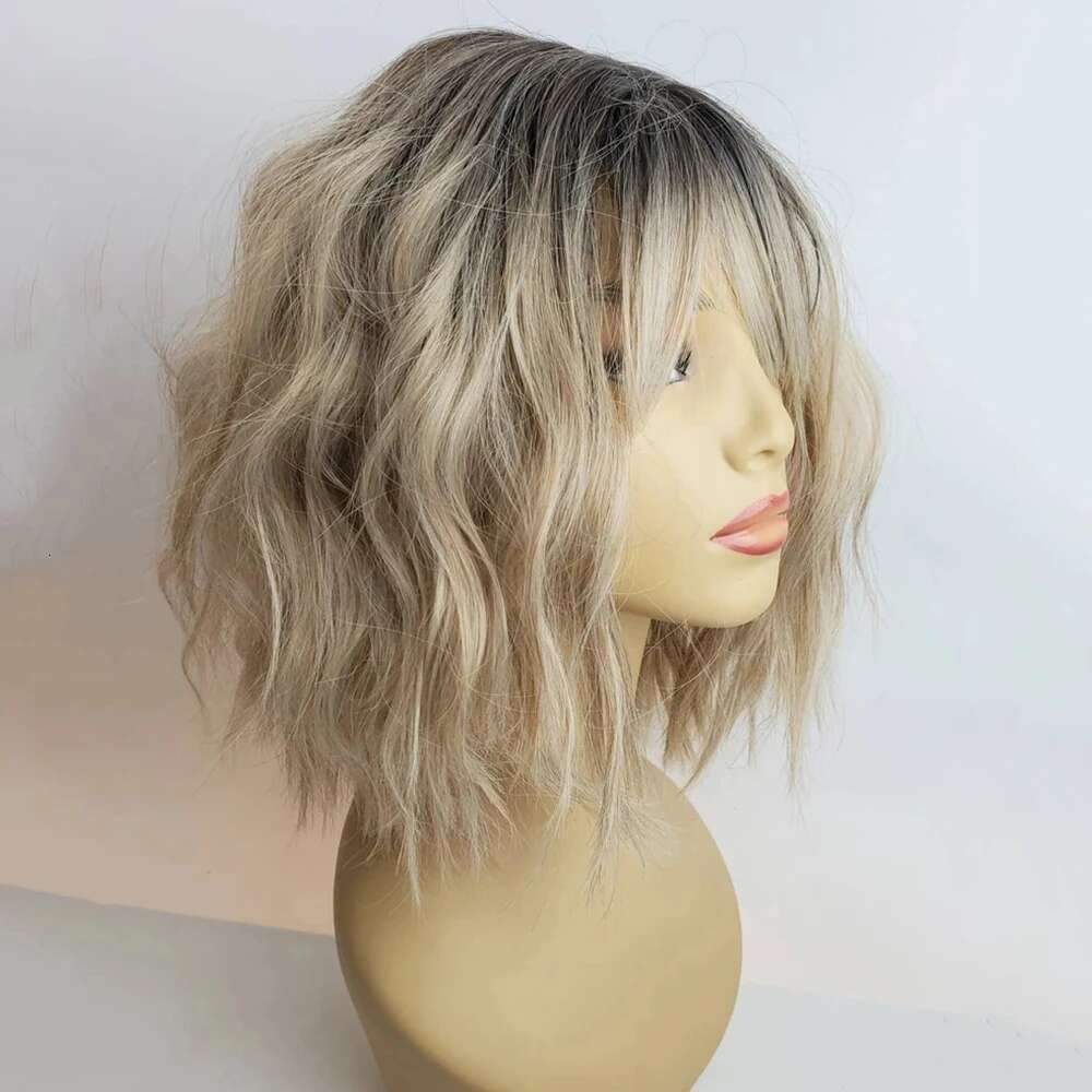 Rooted Blonde Bob With Bangs Heat Resistant Fiber Highlighted Fringe Wavy Synthetic Lace Front Wig For Women Daily Use