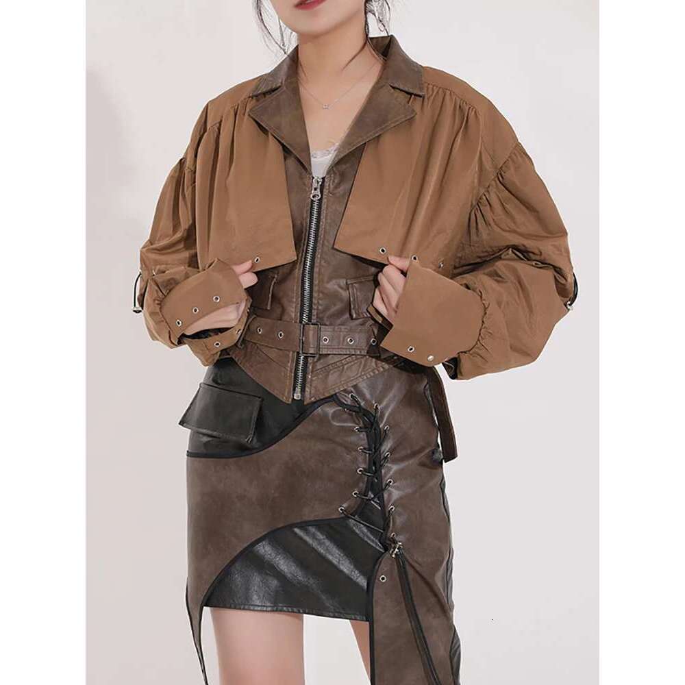 2025 New Autumn And Winter Fashion Women Clothes Turn-Down Collar Full Sleeves Spliced PU Leather Patchwork Jacket Wt264