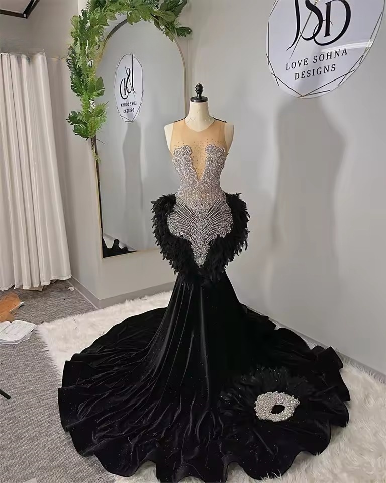 Sparkly Long Prom Dress For Black Girls Bead Crystal Evening Feathers Birthday Party Gown Customized