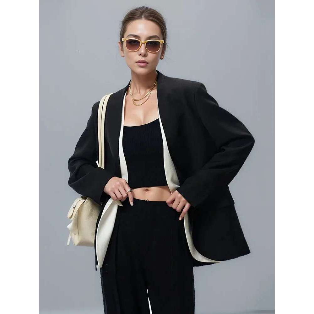 Fashion Women's Fake 2 Pcs Set Blazer Spliced Lightweight Sheer Ing Vintage Veet Suit Jackets Summer 2024 New 7Ab4301