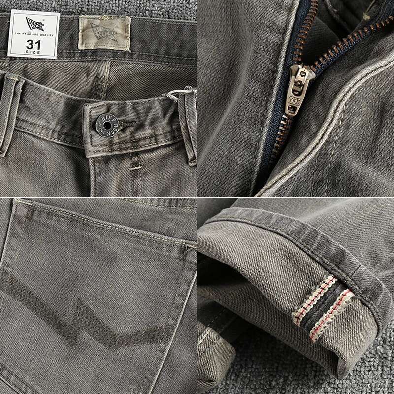 Spring Autumn New American Retro Heavyweight Smoky Grey Denim Jeans Men's Simple 100% Cotton Washed Old Straight Casual Pants
