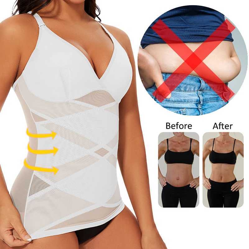 Women Built in bra Shapewear V-Neck Camisole Belly Cross Shaping Tummy Control Body Shaper Tops Underwear Compression CorsetXJ250304