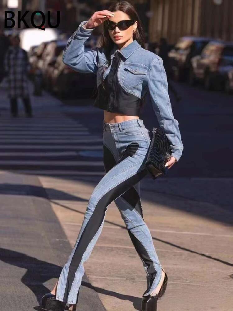 BKQU Jeans Women Pencil 2023 Fashion High Waist Contract Color Patchwork Split Long Denim Pants Elastic Skinny Trousers