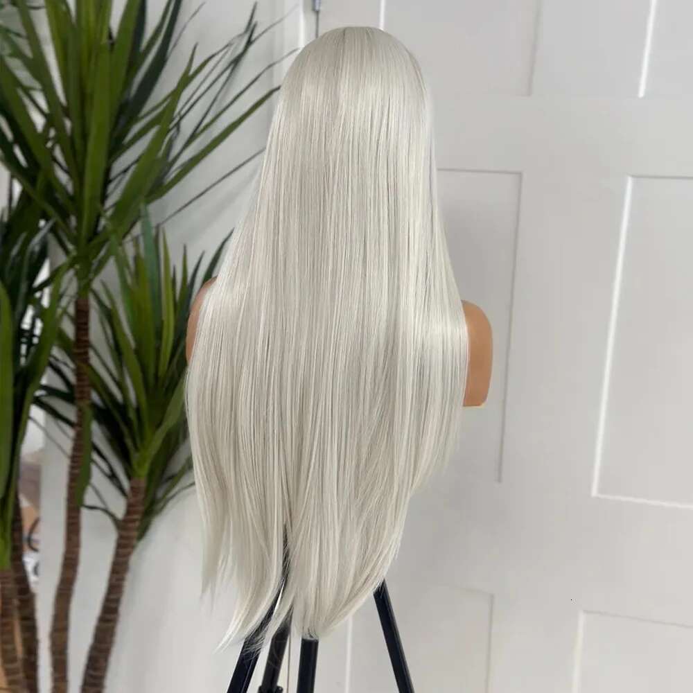 13X4 Gray 26" Straight Sier Blonde Synthetic Lace Front Wigs For White Women 150% Density Preplucke Frontal Wig