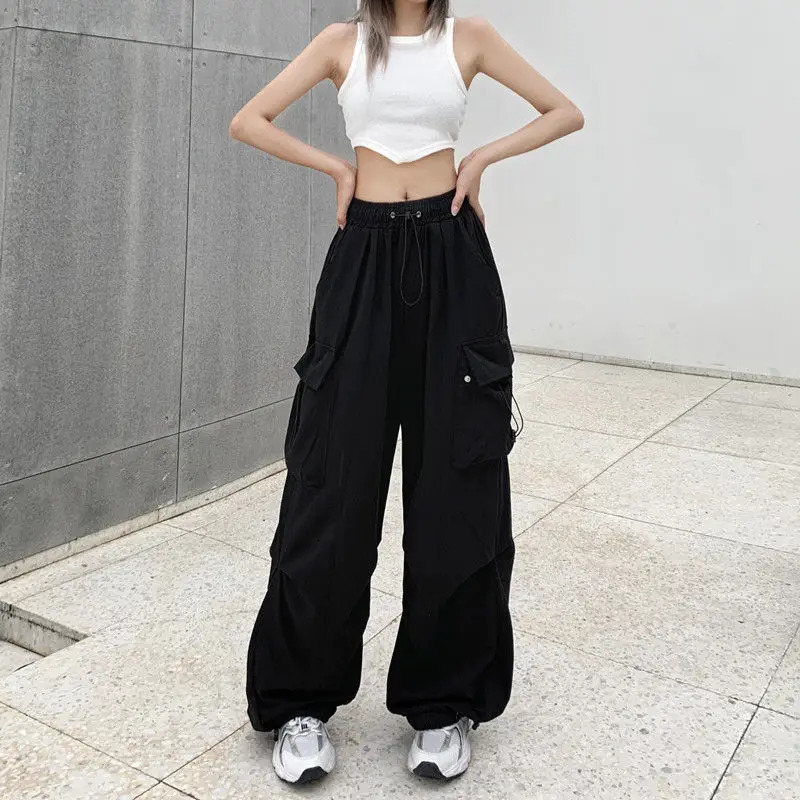 Back to School Womens American Hip-Hop Wide-Leg Large Pockets Drawstring Work Pants High Street Casual Sports Pants 250303