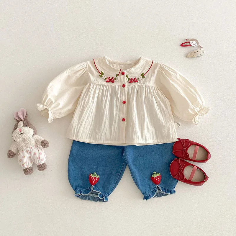Milancel Spring Girls Clothing Set Childrens 0-5T Embroidered Strawberry Shirt Jeans Childrens Clothing 250304