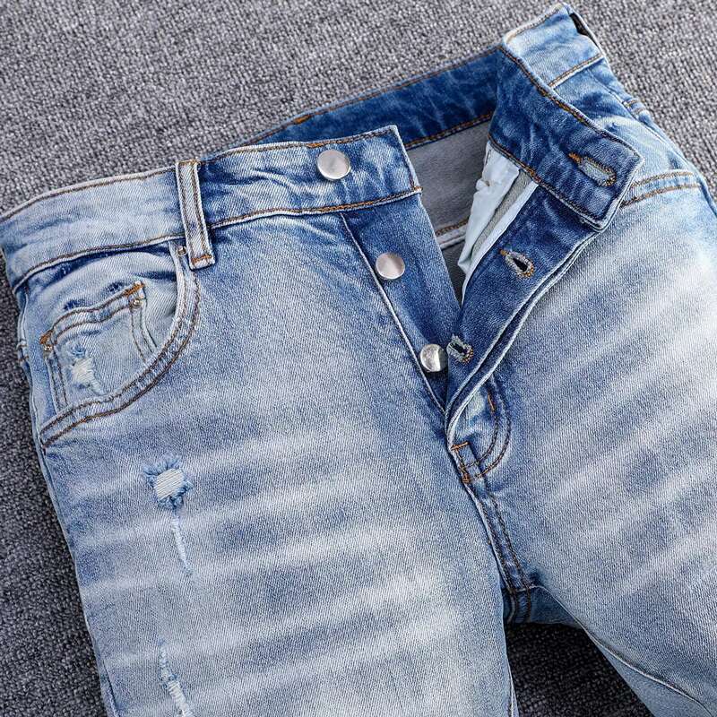 Fashion New Men's Stretch Slim Fit Washed Retro Light Blue Ripped White Patch Jeans Designer High Street Fashion Hip-Hop B