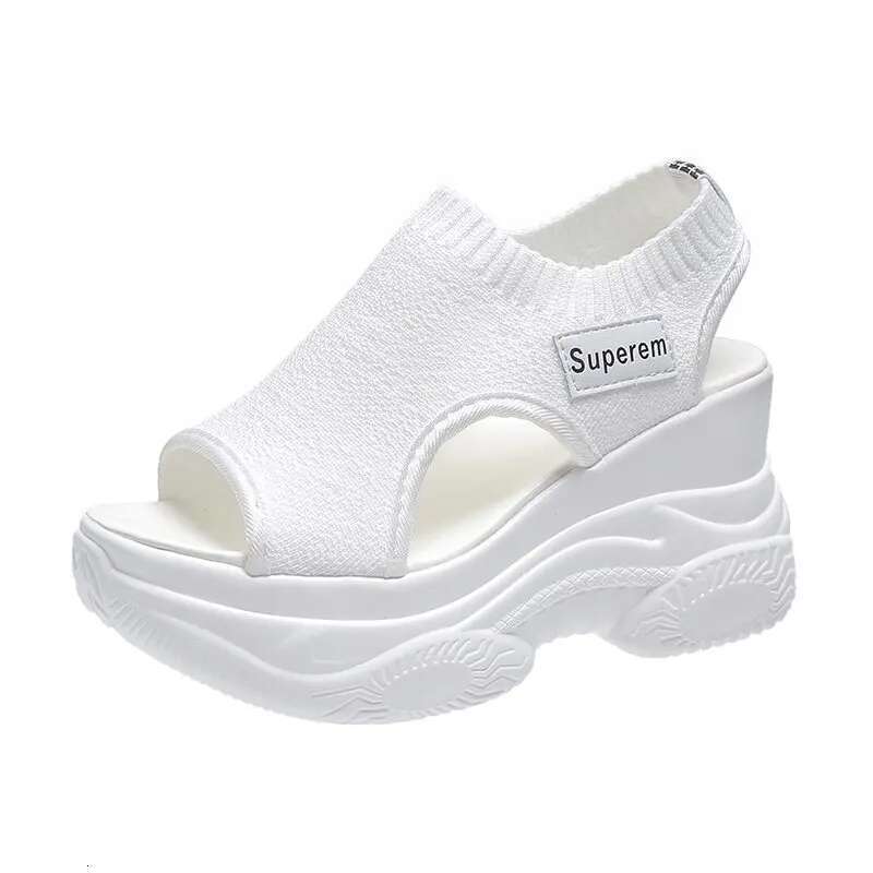 New 2025 Summer Knitted Shoes Fairy Fish-mouth Wind Cake High Flying Weave Slope Heel Thick Sole Sports Women's Sandal