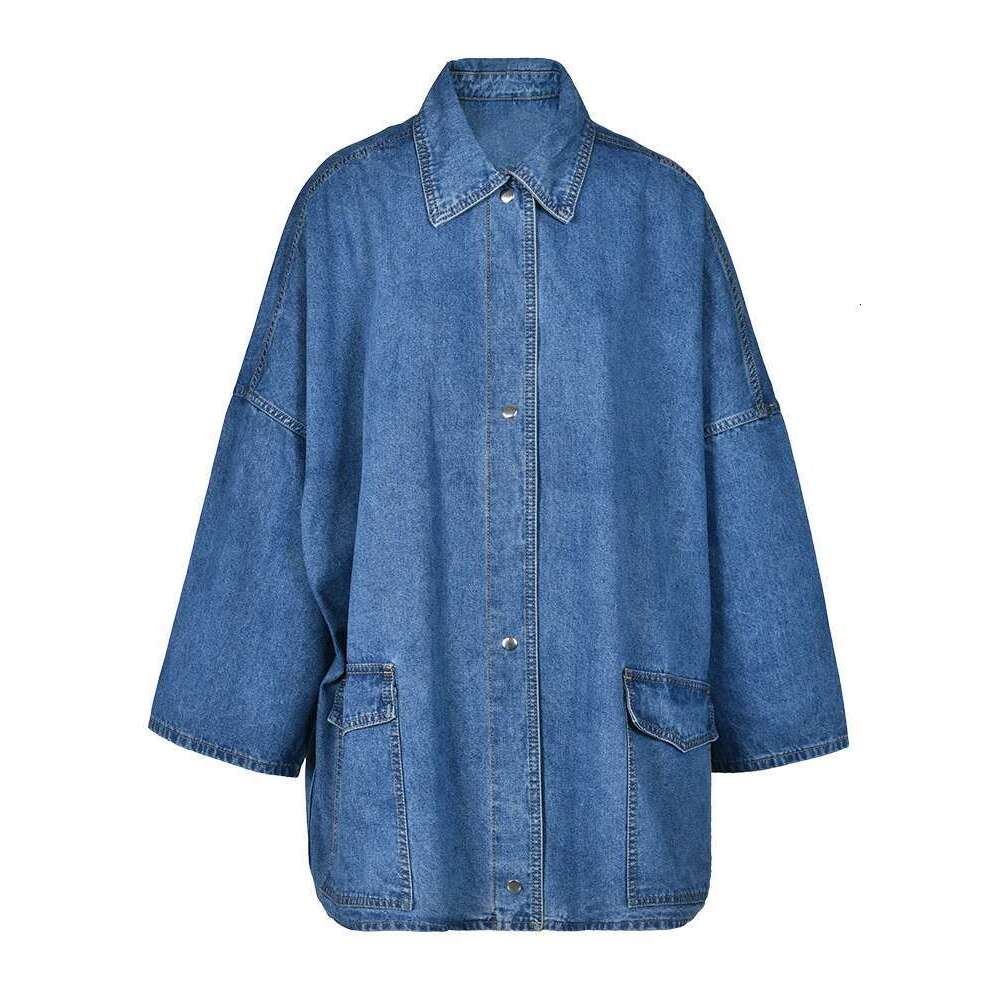 Fashion Women's Denim Coat Lapel Single Breasted Dropped Shoulder Full Sleeves Blue Cotton Jackets Autumn 2025 New Cp2074