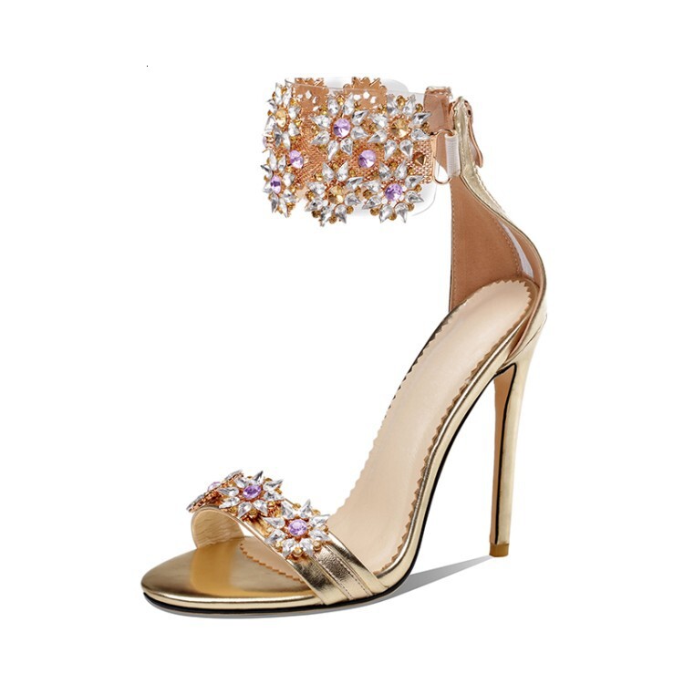 Golden High-Heeled Sandals, Rhinestone Shoes, Flower Back Zipper Women's Shoes