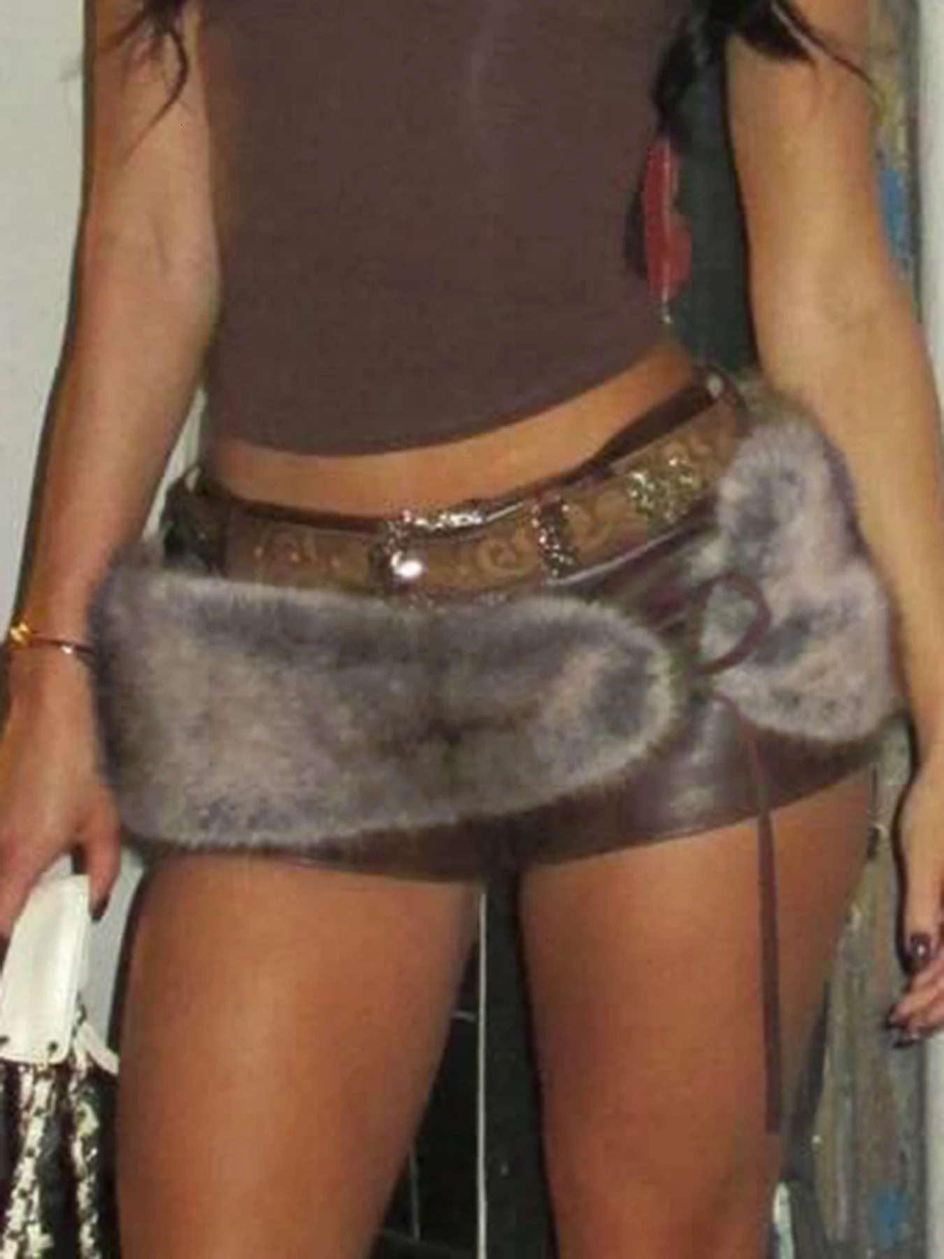 Cuteandpsycho Low Waisted Mini Leather Shorts Vintage Chic Furry Belts Casual Y2K Aesthetic Fashion Elastic Waist Bottoms 250303