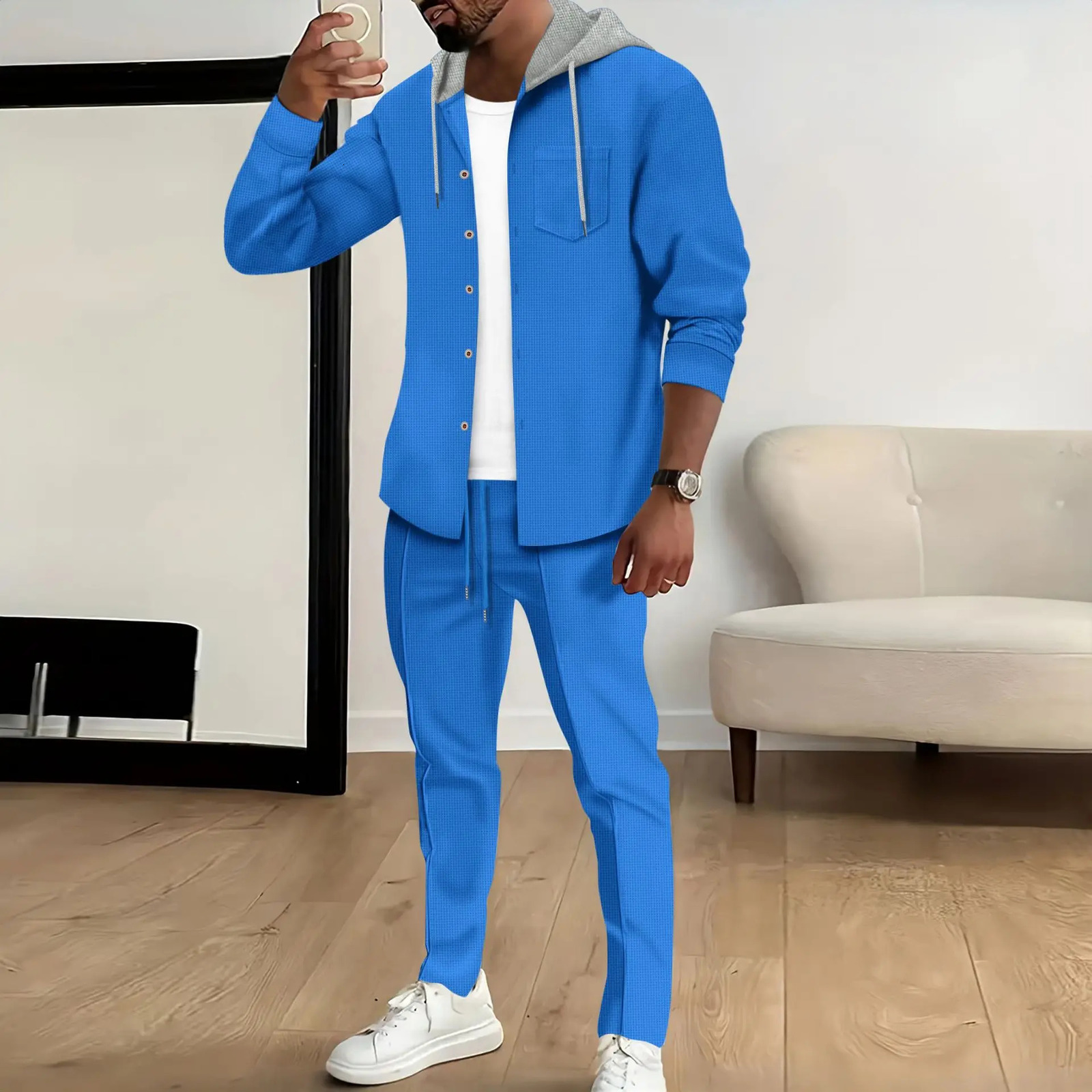 Spring and autumn Waffle mens casual slimfit hooded longsleeved cardigan matching color fashion high quality tracksuit pa 250227