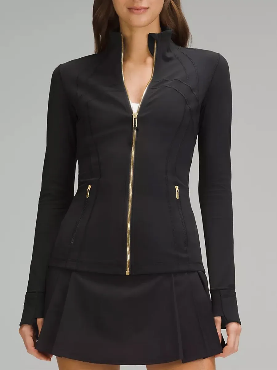Women Yoga Golden zipper Jacket Womens Sports Jacket Workout Sports gym Coat Fitness Jackets Sports Quick Dry Activewear Top Solid Zip Up Sweatshirt Sportwear