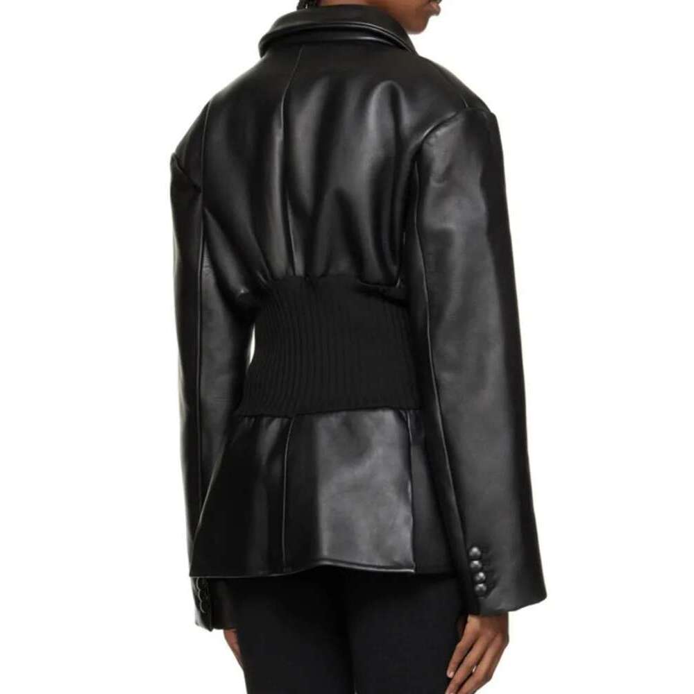 Fashion Women's Blazer Notched Collar PU Patchwork Knitted Super Waist Silhouette Suit Jackets Spring 2025 New 17A2010h