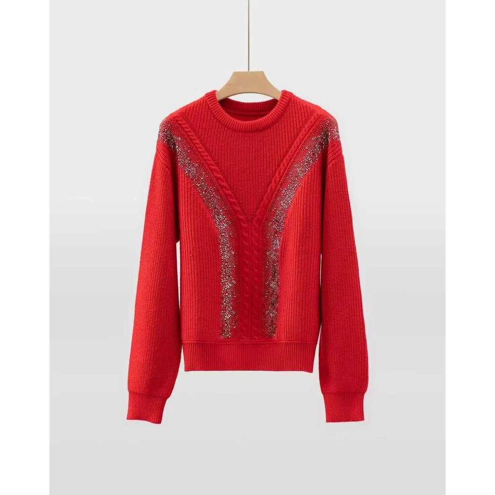 Women Rhie Decoration Sweater 100% Wool Round Neck Fashion 2 Colors Female Long Sleeve Jumper 2025 Autumn Winter