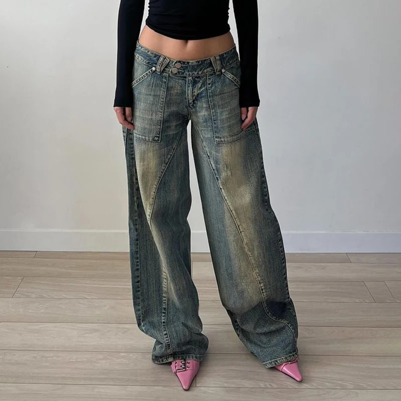 BIIKPIIK Vintage Washed Loose Fit Jeans Casual Denim Pants For Women Streetwear Pockets Straight Trousers Summer Bottom Clothing 250227