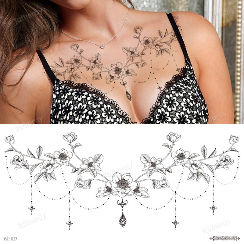 body jewel sticker Big temporary tattoos black henna lace sternum tattoo chest waterdecal flowers rose peonies mandala pattern 250219