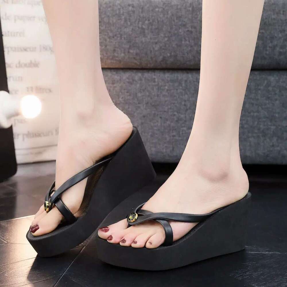 Flip-ps Women's Summer Slope Heel Height 8cm French Fashion High-End Beach Resort Swimming Pool Bathroom Anti-Skid Slippers