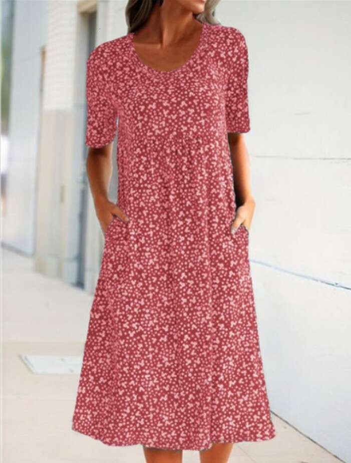 popular European and American French vacation style round neck short sleeved ral mid length dress 2025 new casual fashion trend clothing