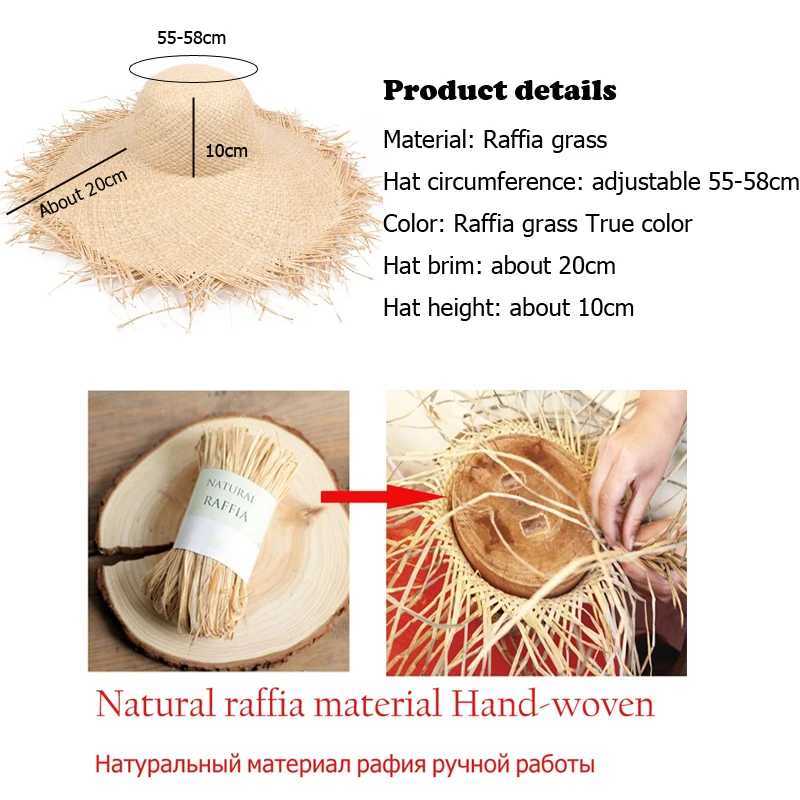 New Natural Raffia Hat Women Summer Hand Woven Str Hat Gilrs Holiday Sun Hat Wide Brim Sun Hat Floppy Panama Travel Beach HatXJ250304