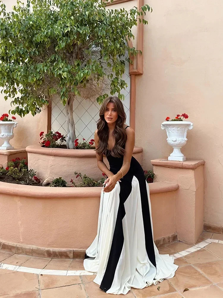 Fashion Contrast Color Pleated Hem Long Dress Elegant Sleeveless Backless High Waist Dresses 2025 Lady Vocation Vestidos 250303