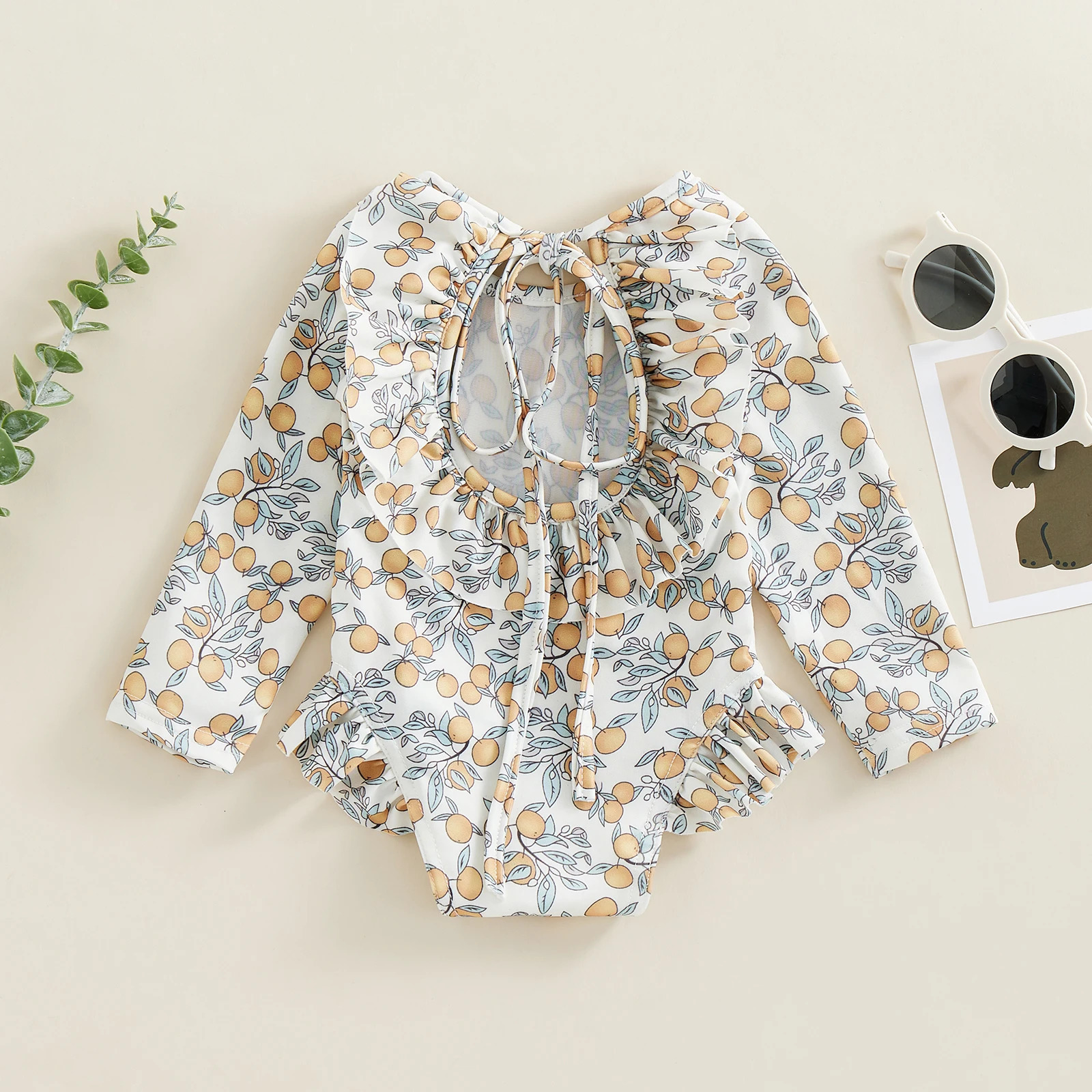 Kids Baby Girl Summer Swimwear Floral Print Backless Ruffles Long Sleeve Bodysuit Bathing Suit Girls Beachwear 0-4 Years 250303