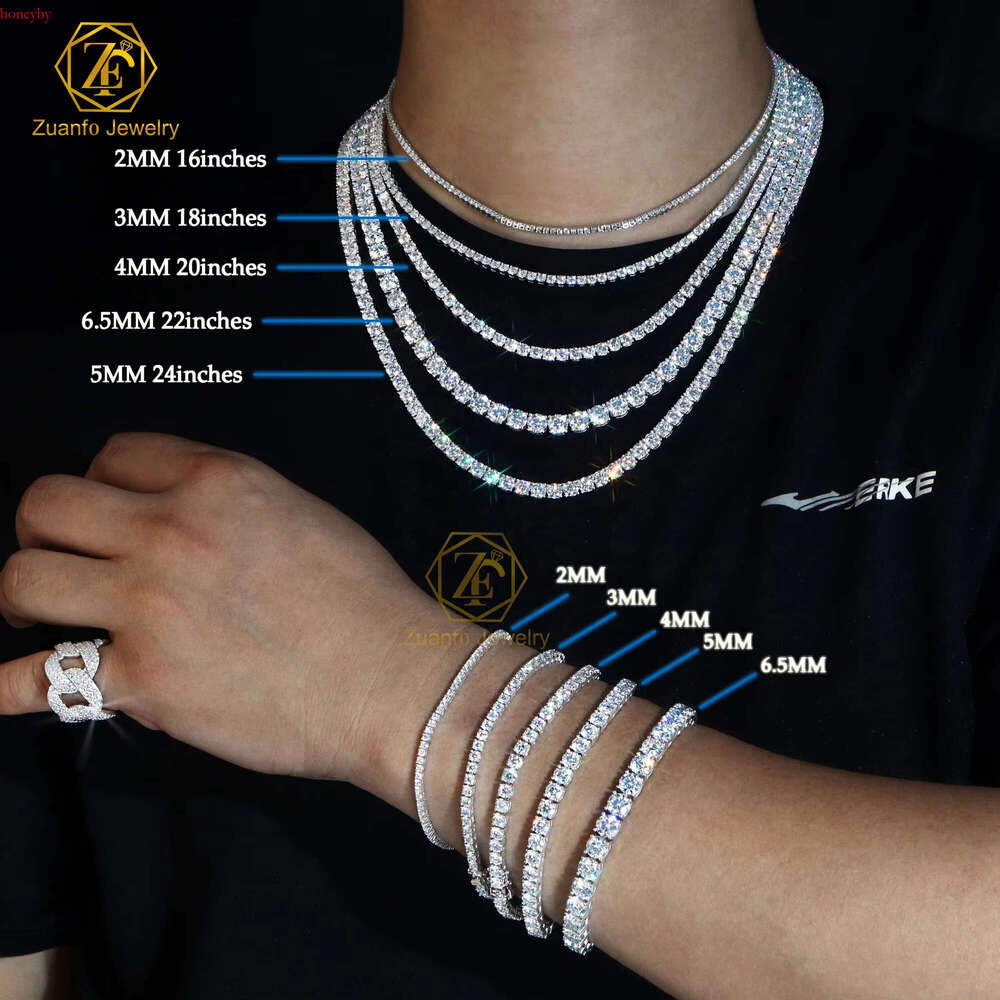 D VVS White Hip Hop Sterg Sier 2mm 3mm 4mm 5mm 6.5mm Iced Out Moissanite Tennis Chain Necklace for Men