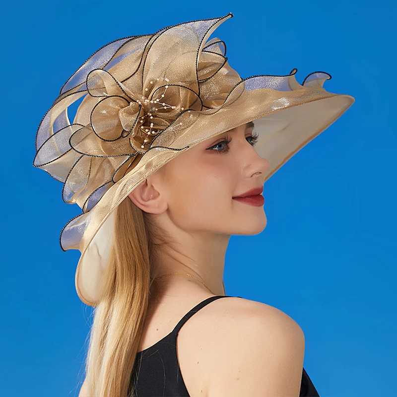 Vintage Organza Wide Brim Hat For Women New Church Dr Bridal Wedding Hat Floral Mesh Sun Hat Party Beach CsXJ250304