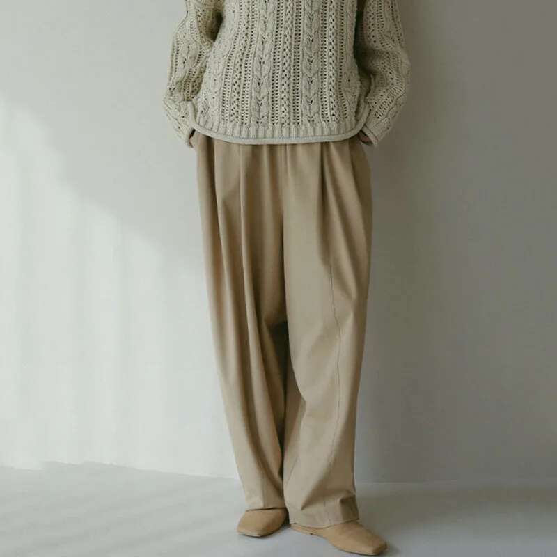 Fashion Light Beige Silhouette Trousers Women's Elastic High Waist Loose Straight Wide Leg Casual Pants New Tide