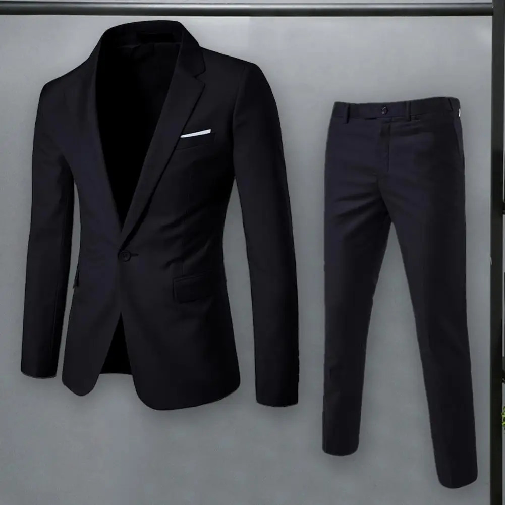 Suit Jacket Pants Set Stylish Mens Business Suit Set Lapel Single Button Coat Slim Fit Pants with Pockets Workwear for A 250303