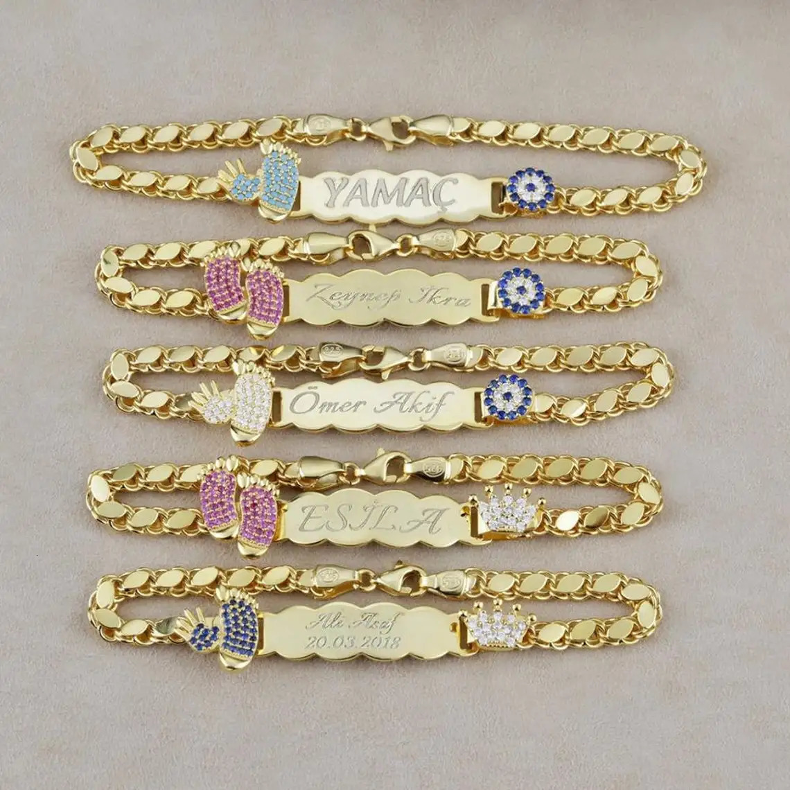 Personalized Custom Baby Name Bangle Baby Name Bangle Baby Foot Crown Zircon Charm Color Stones Thick Chain Gift For born 250304