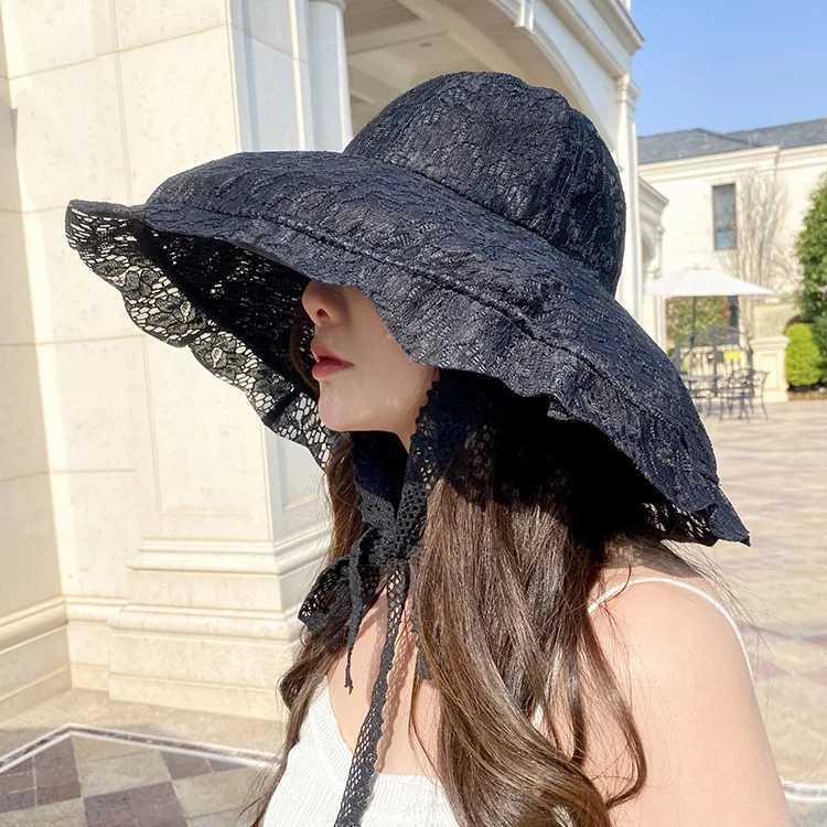 Woman Lace Sun Hat White Black Summer Hats for Women Bucket Hat Beach Sunhat Large Wide Brim Summer C for WomenXJ250304