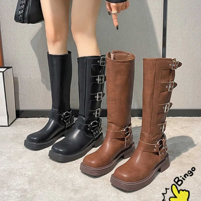 Wen Boots 2024 Spring Trend Buckle Knee-High High Boots Motorcycle Footwear Punk Rock Fion Cfort Leather Wen Shoe Z250304