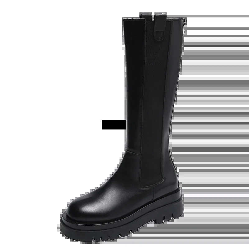 Ladies Shoes 2024 Knee-High Wens Boots Platform Modern Boots Wen Sewing Round Toe Back Zip Med Heel Shoes Fem Zapatos Z250304