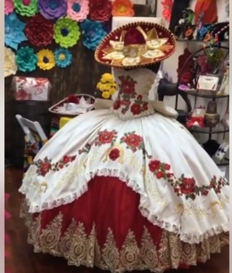 White And Red Charro Quinceanera Dress Embroidery Floral Gold Lace Appliques Ball Gown Princess Sweet 16 Dresses Back Bow Lace-Up Boutique Special Occ
