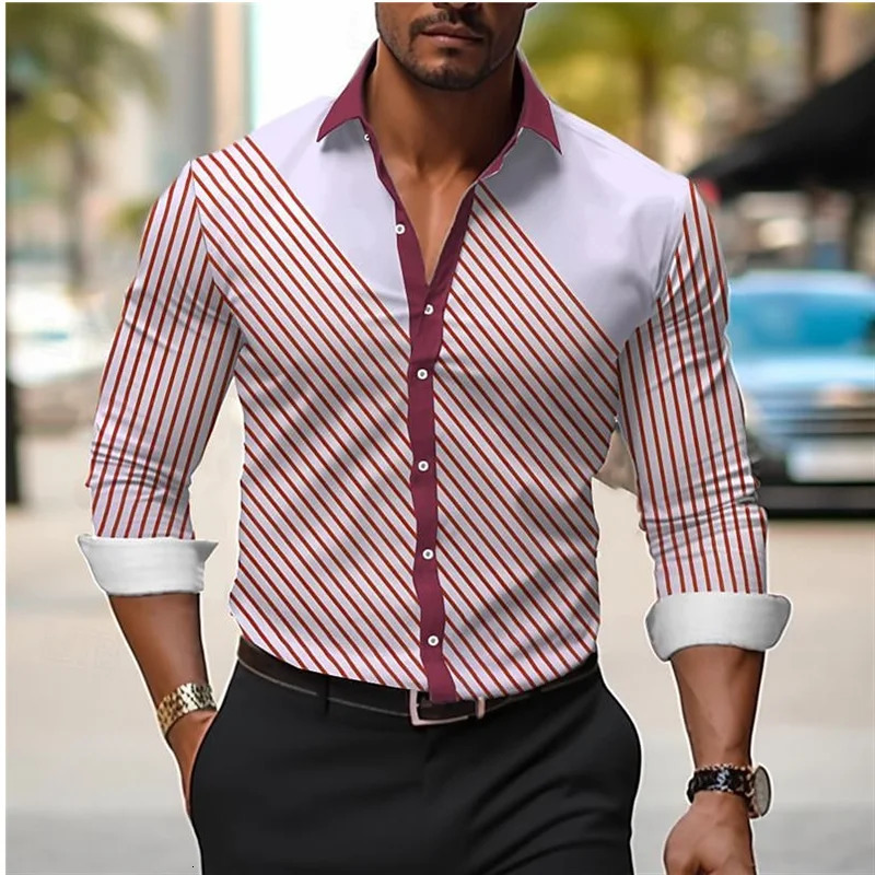 Mens Line Plaid Shirt High Quality Lapel Long Sleeve Social Clothing Slim Prom Large Size XS6XL 250227Z