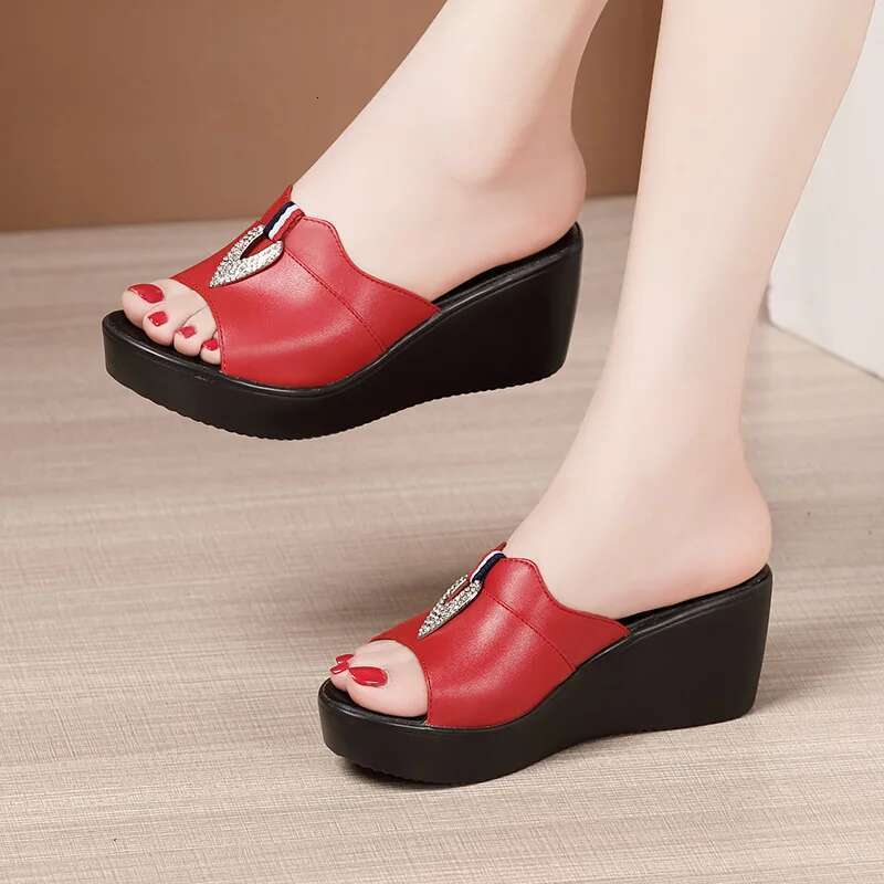 quality summer High wedge leather sandals for women 6cm mid heel new 2025 size 32 33 43 platform open toe elegant shoe black red