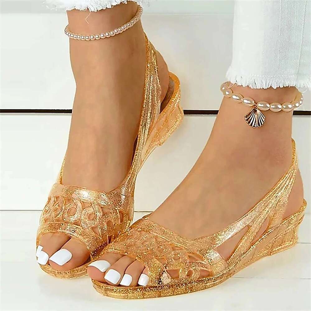Sandals Women Hot Slip On Strap Fish Peep Toe Crystal Wedge Heel Slippers Shallow Mouth Back Cutout Holiday Shoes