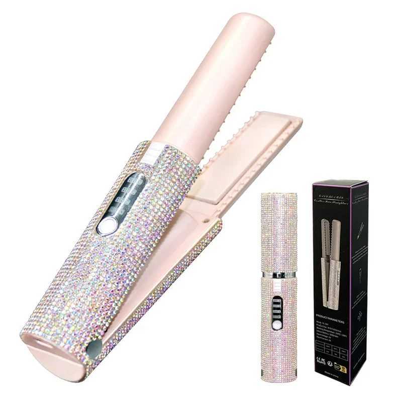 Curling Irons 2-IN-1 Electric USB Hair Straightener Curler Fashion Colored Diamond Design Wireless Travel Hair Straightening Styler Brush z250304